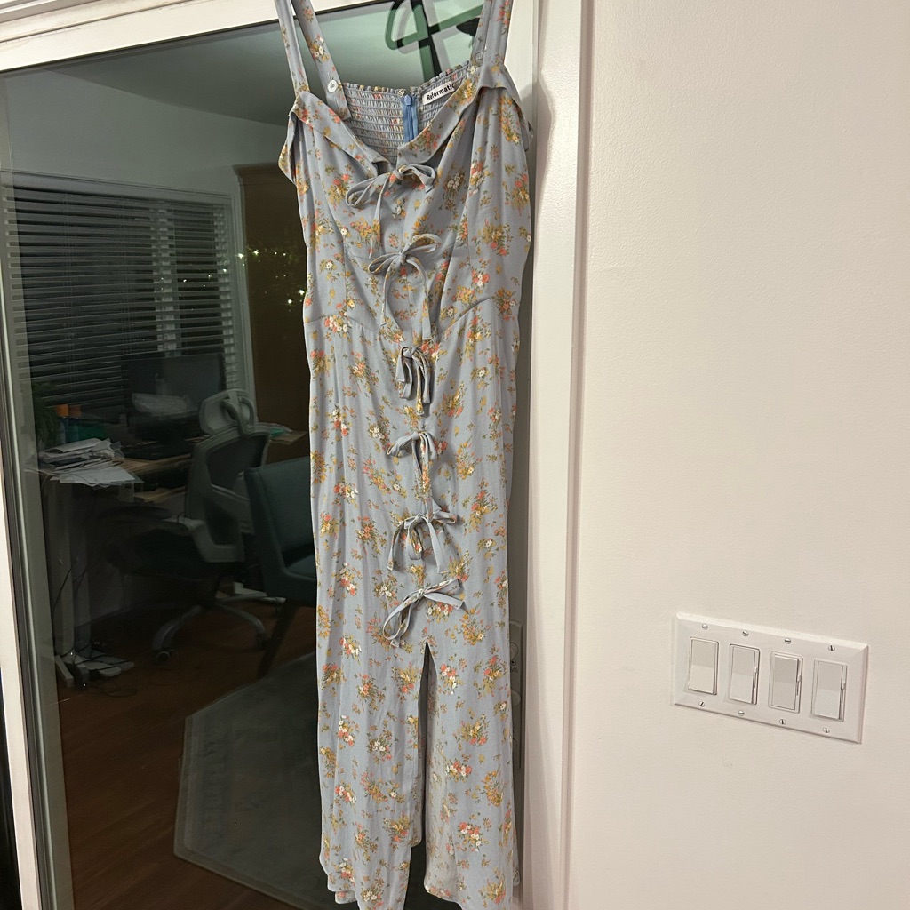 Reformation Blue Floral Dress With Tie Detail